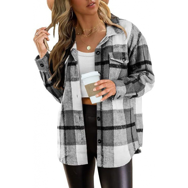 Women's Plaid Flannel Shirt Jacket, Loose Long Sleeve Button Down Casual Shacket With Chest Pocket-TACTILEFABLE