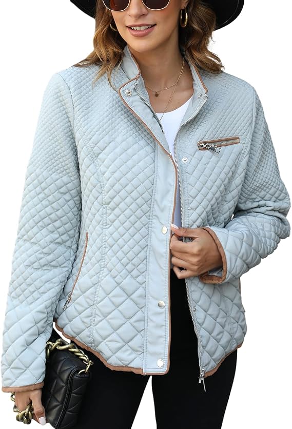 Women's Fall Winter Casual Quilted Lightweight Jacket, Warm Fitted Puffer Coat with Pockets, Plain Style for Commuting-TACTILEFABLE