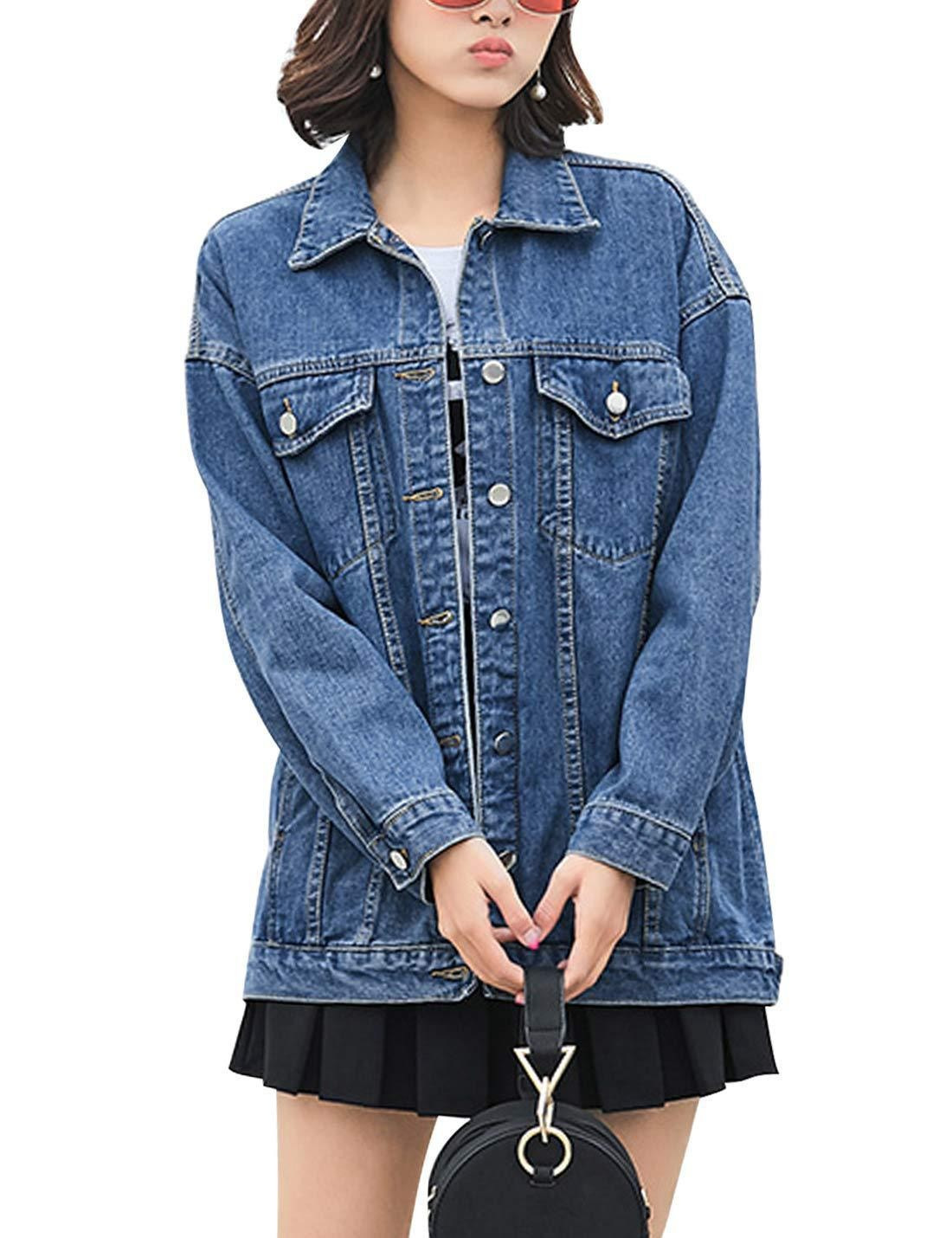 Women’s Oversized Mid-Long Denim Jacket  Fit Jean Jacket with Pockets Casual Loose Denim Coat-TACTILEFABLE