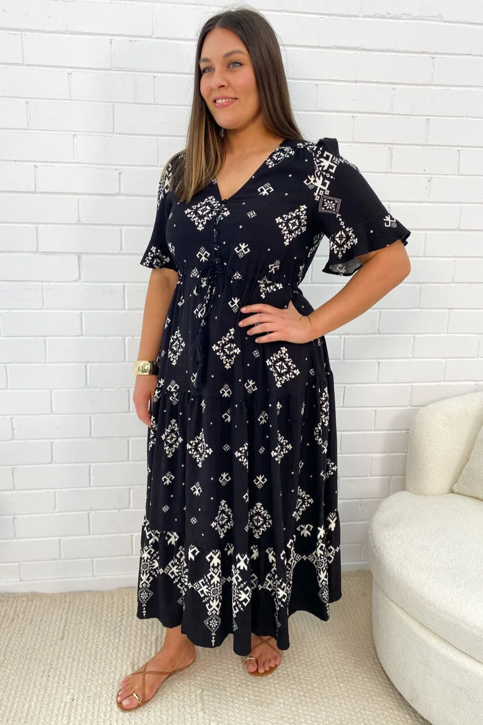Bohemian Printed Maxi Dress, Loose Fit Round Neck Half Sleeve Flowy Long Dress with Pockets-TACTILEFABLE