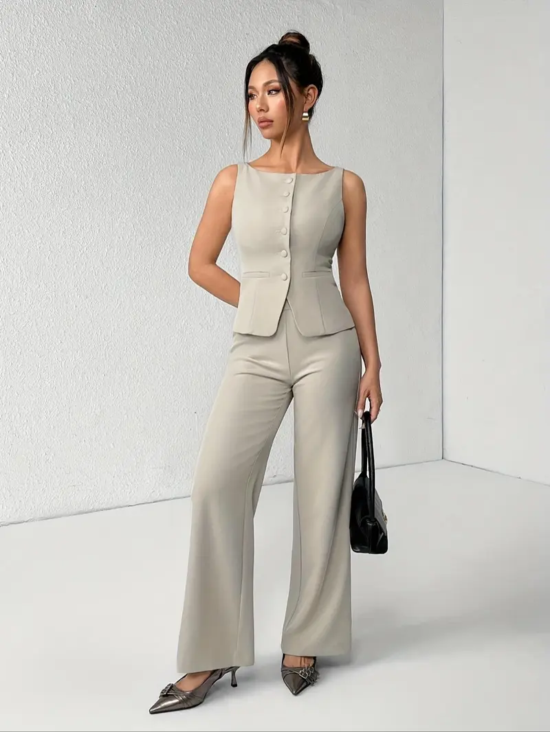 【Black Friday】Women's Solid Color Button Front Tank Top & Wide-Leg Pants Set, Casual Fashion Two-piece Set for Summer, Women's Clothing for Daily Wear, Office Siren Outfits, Elegant Suits