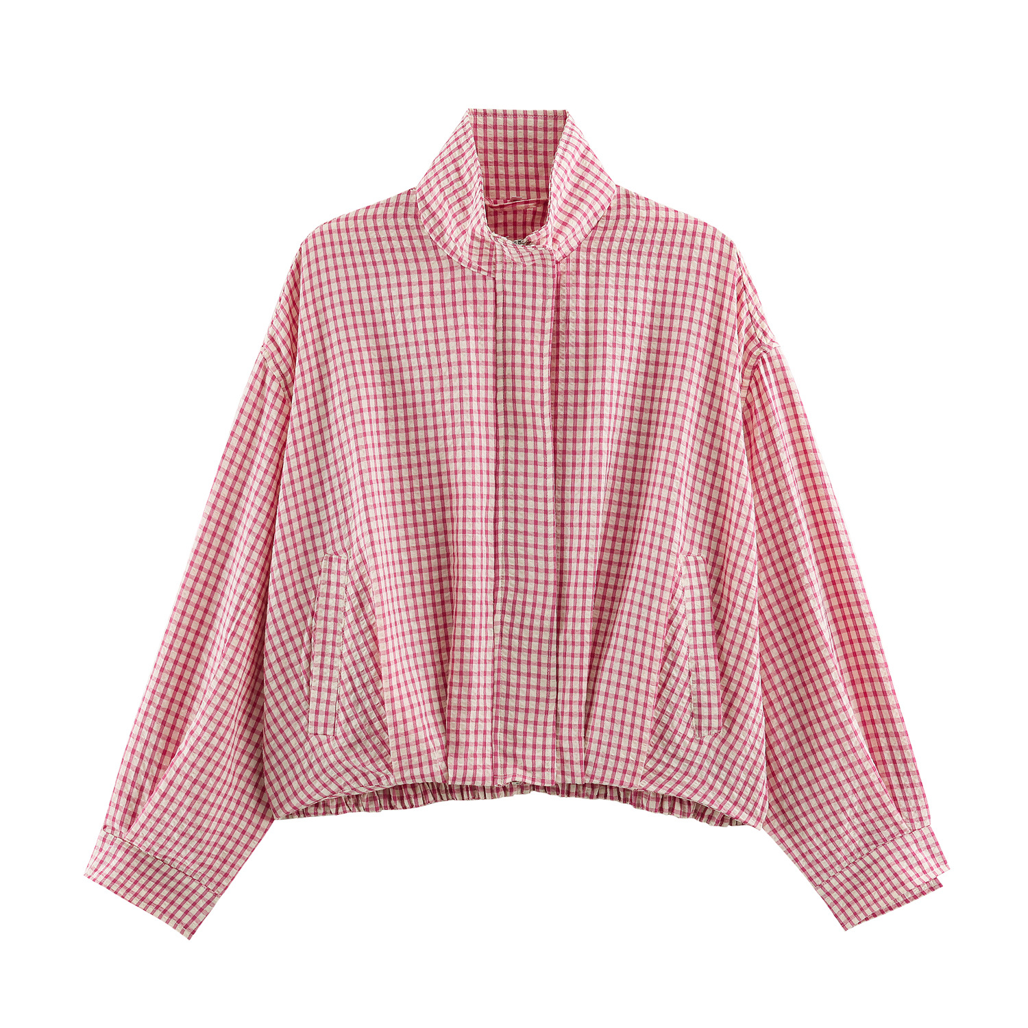 Jacket Female Spring Summer Black & White Gingham Check Cropped Bomber Jacket Stand Collar Zip Elasticated Waist & Cuffs Oversized Fit Lightweight Crinkled Fabric Side Pockets Daily Wear, Street Style, Office Casual-Tactilefable