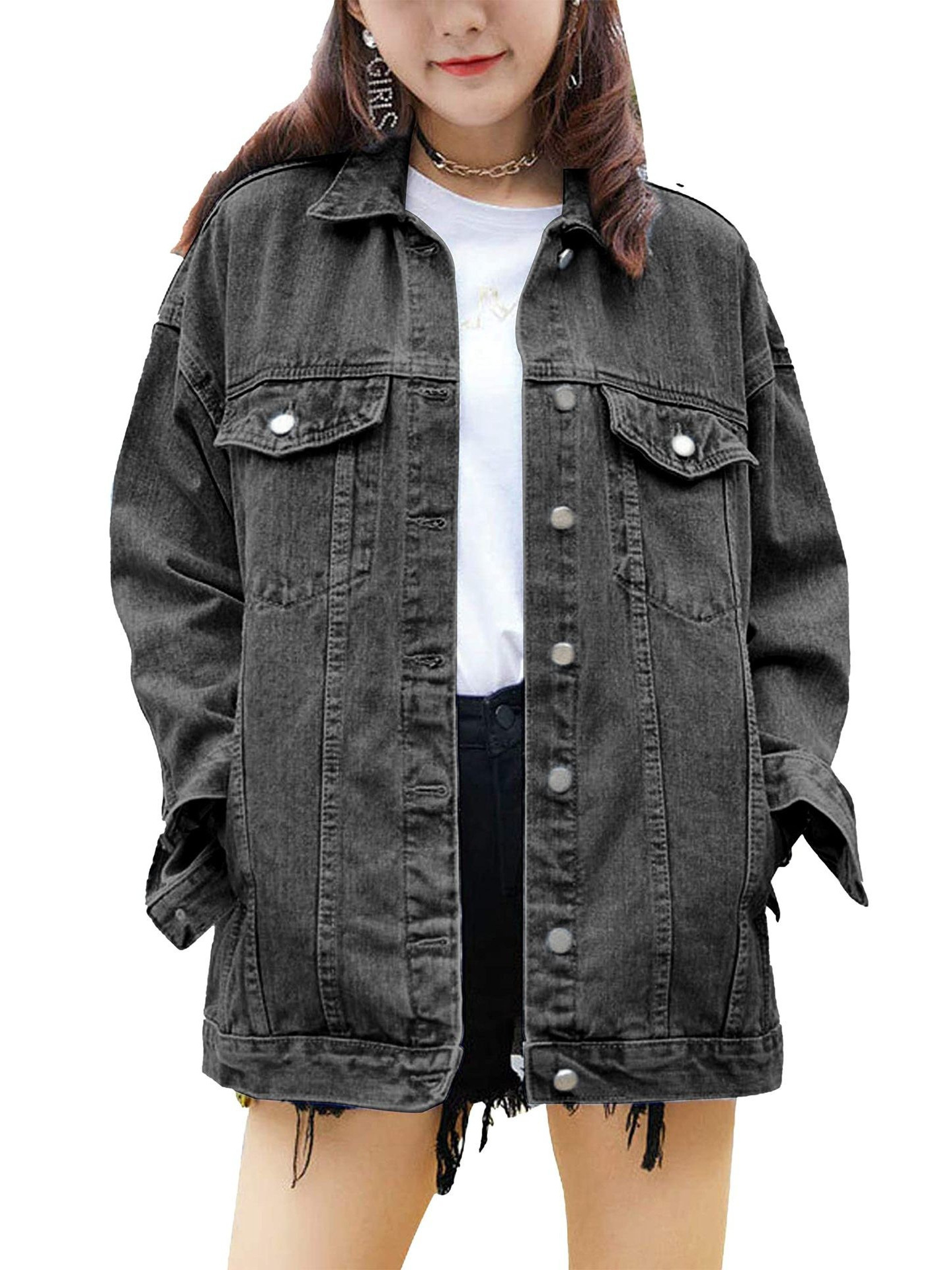 Women’s Oversized Mid-Long Denim Jacket  Fit Jean Jacket with Pockets Casual Loose Denim Coat-TACTILEFABLE