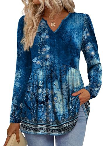 Womens Tops Long Sleeve Fall Shirts Babydoll Peplum Tops for Women V Neck Tunic Dressy Casual Blouses