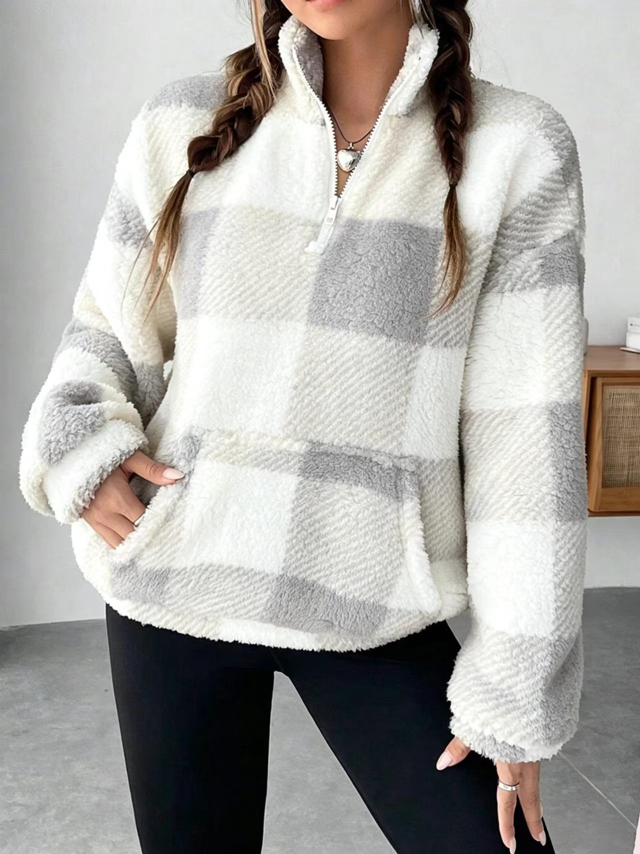 Women's Plaid Print Half Zip Drop Shoulder Fleece Sweatshirt, Casual Long Sleeve Stand Collar Pullover for Spring & Fall-TACTILEFABLE