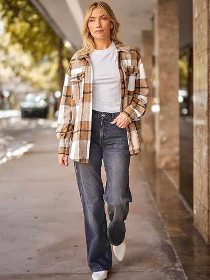Women's Plaid Flannel Shirt Jacket, Loose Long Sleeve Button Down Casual Shacket With Chest Pocket-TACTILEFABLE