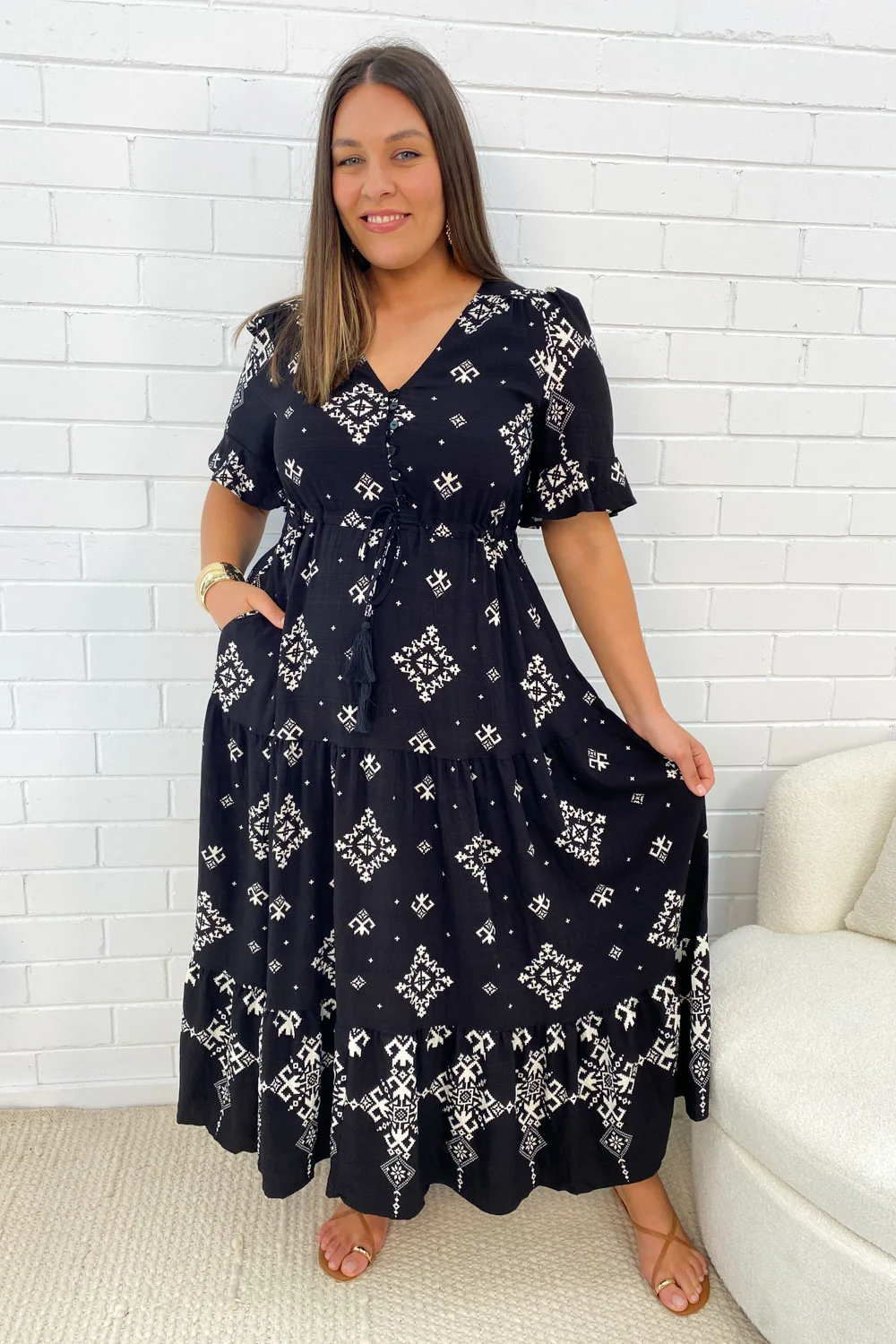 Bohemian Printed Maxi Dress, Loose Fit Round Neck Half Sleeve Flowy Long Dress with Pockets-TACTILEFABLE