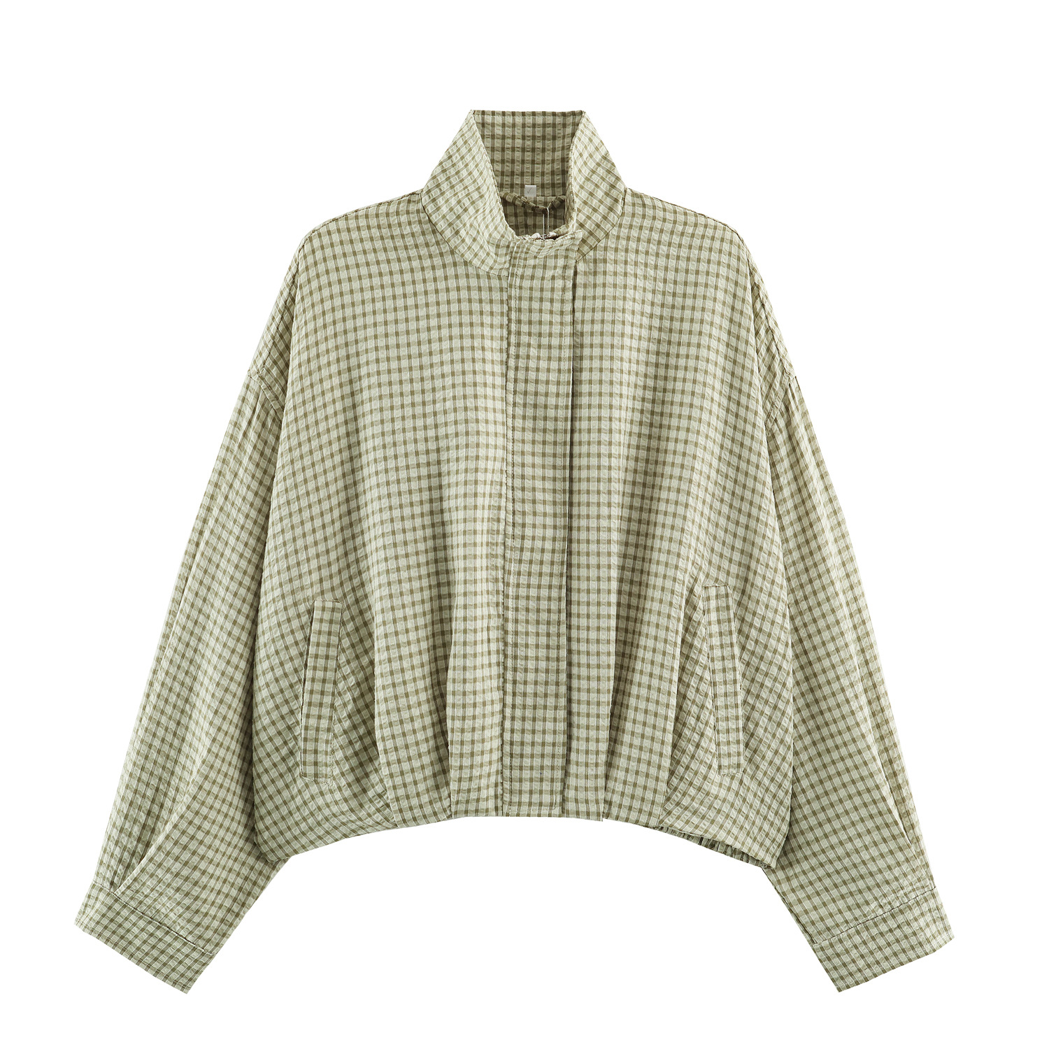 Jacket Female Spring Summer Black & White Gingham Check Cropped Bomber Jacket Stand Collar Zip Elasticated Waist & Cuffs Oversized Fit Lightweight Crinkled Fabric Side Pockets Daily Wear, Street Style, Office Casual-Tactilefable