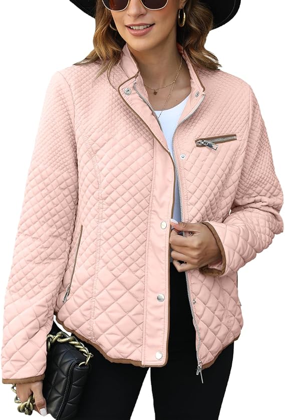 Women's Fall Winter Casual Quilted Lightweight Jacket, Warm Fitted Puffer Coat with Pockets, Plain Style for Commuting-TACTILEFABLE