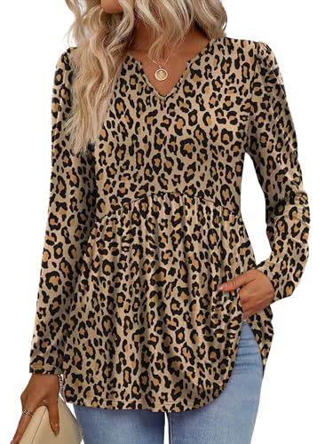 Womens Tops Long Sleeve Fall Shirts Babydoll Peplum Tops for Women V Neck Tunic Dressy Casual Blouses