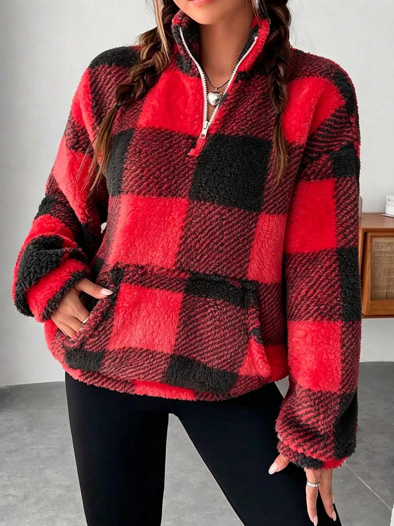 Women's Plaid Print Half Zip Drop Shoulder Fleece Sweatshirt, Casual Long Sleeve Stand Collar Pullover for Spring & Fall-TACTILEFABLE