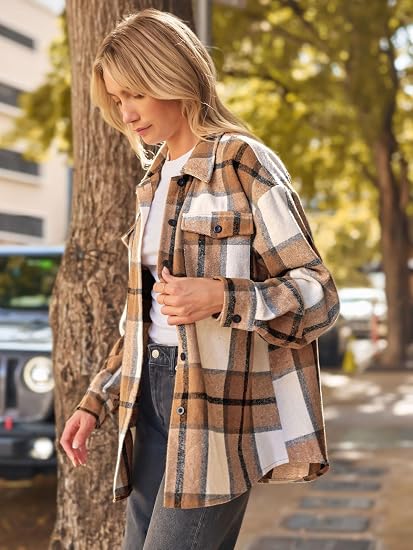 Women's Plaid Flannel Shirt Jacket, Loose Long Sleeve Button Down Casual Shacket With Chest Pocket-TACTILEFABLE