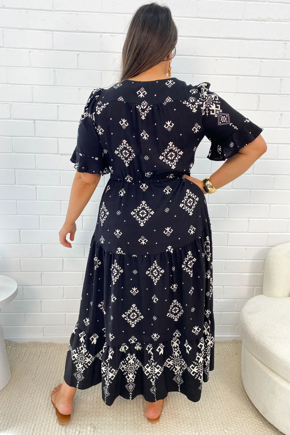 Bohemian Printed Maxi Dress, Loose Fit Round Neck Half Sleeve Flowy Long Dress with Pockets-TACTILEFABLE