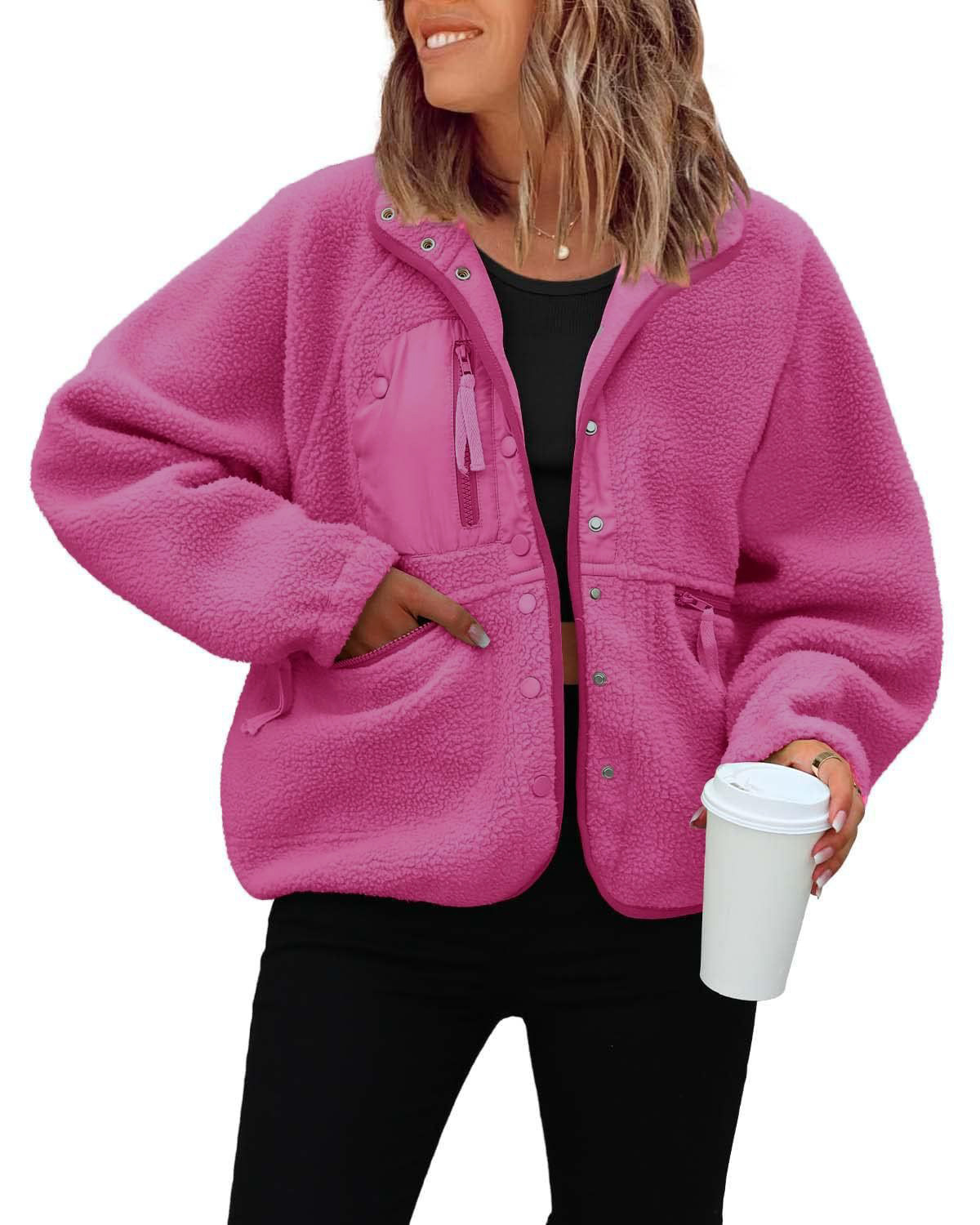 Women's Cropped Sherpa Lined Fleece Jacket Fall Warm Button Down Fuzzy Coats Shacket Outerwear with Pockets-Tactilefable