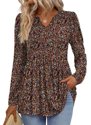 Womens Tops Long Sleeve Fall Shirts Babydoll Peplum Tops for Women V Neck Tunic Dressy Casual Blouses