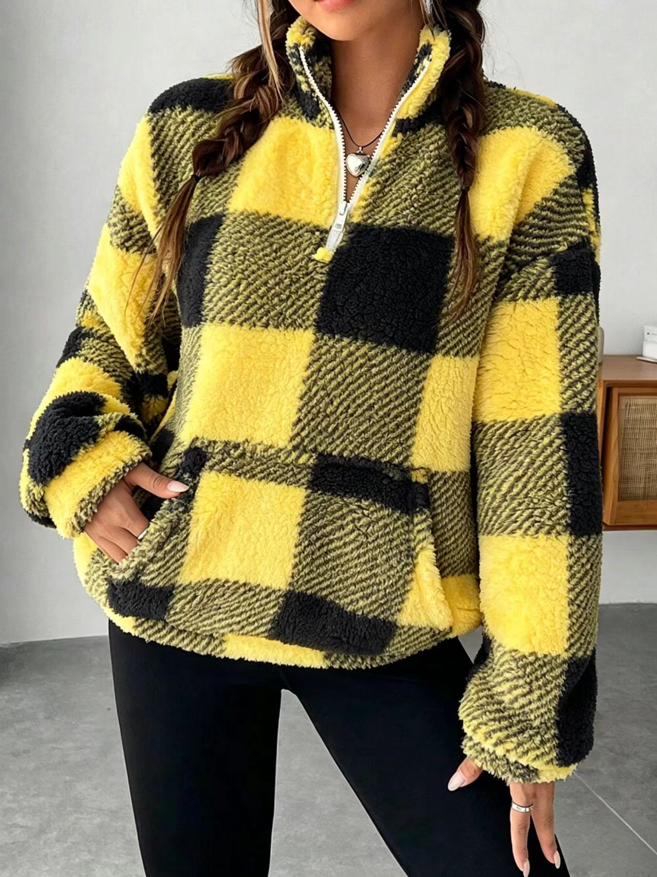 Women's Plaid Print Half Zip Drop Shoulder Fleece Sweatshirt, Casual Long Sleeve Stand Collar Pullover for Spring & Fall-TACTILEFABLE