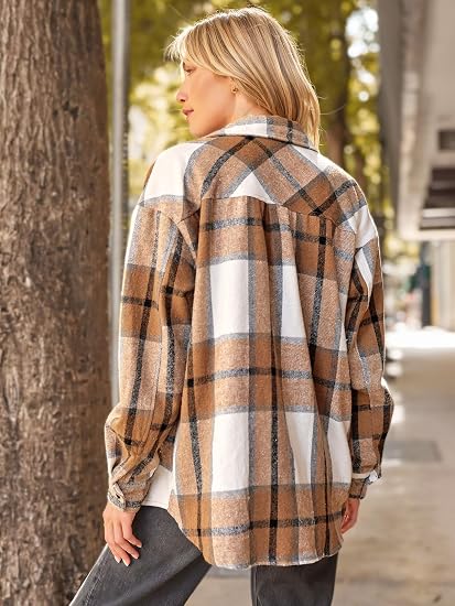 Women's Plaid Flannel Shirt Jacket, Loose Long Sleeve Button Down Casual Shacket With Chest Pocket-TACTILEFABLE