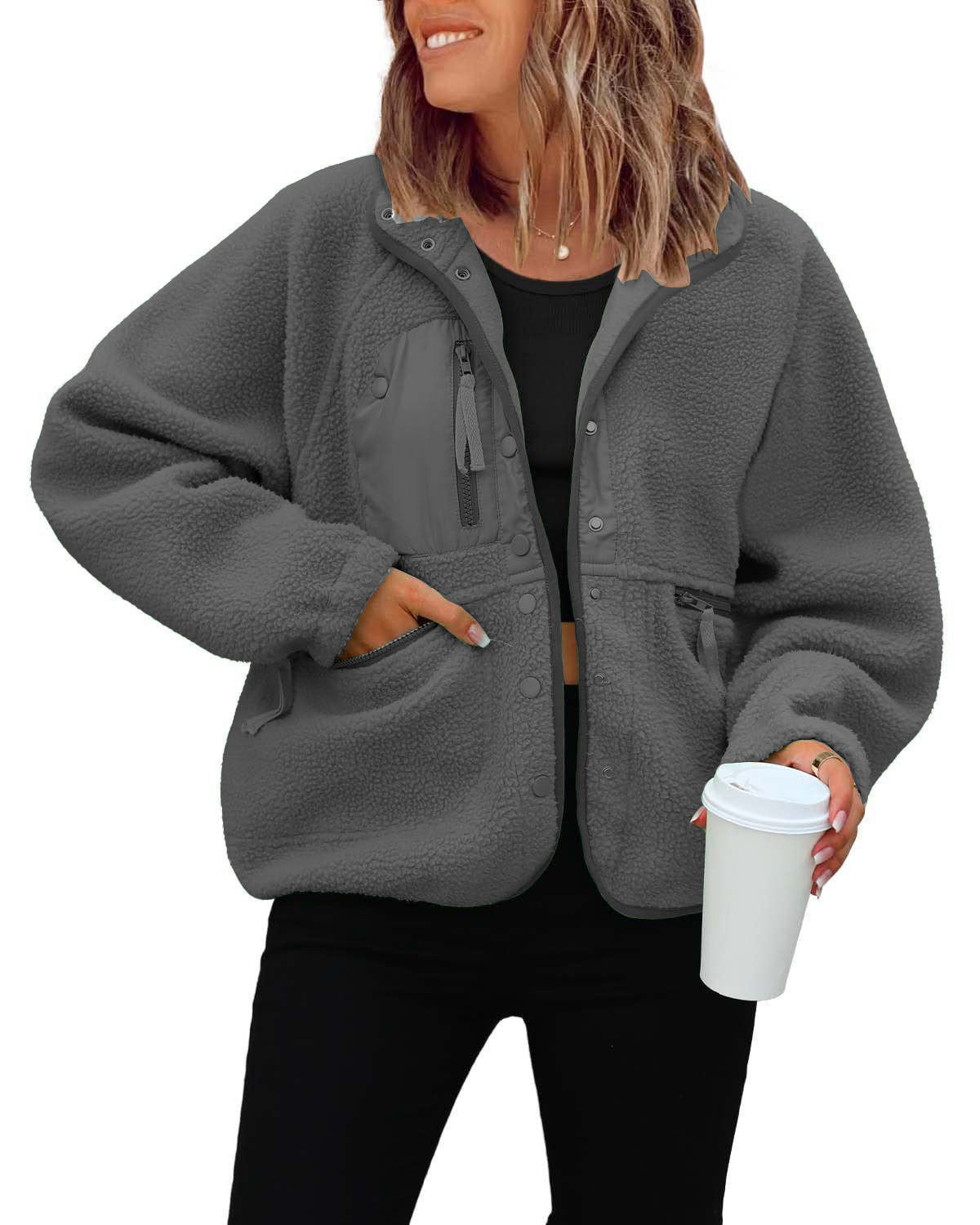Women's Cropped Sherpa Lined Fleece Jacket Fall Warm Button Down Fuzzy Coats Shacket Outerwear with Pockets-Tactilefable