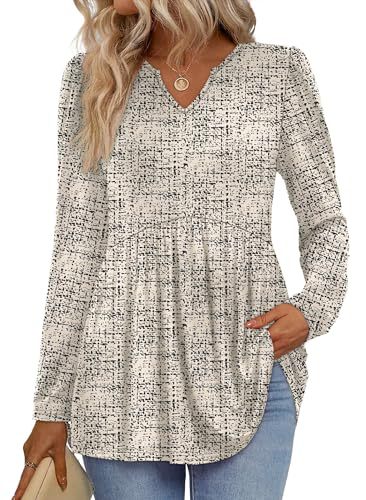 Womens Tops Long Sleeve Fall Shirts Babydoll Peplum Tops for Women V Neck Tunic Dressy Casual Blouses