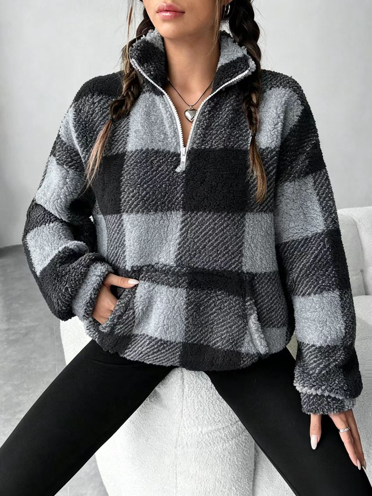 Women's Plaid Print Half Zip Drop Shoulder Fleece Sweatshirt, Casual Long Sleeve Stand Collar Pullover for Spring & Fall-TACTILEFABLE