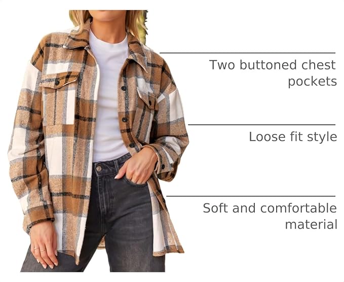 Women's Plaid Flannel Shirt Jacket, Loose Long Sleeve Button Down Casual Shacket With Chest Pocket-TACTILEFABLE