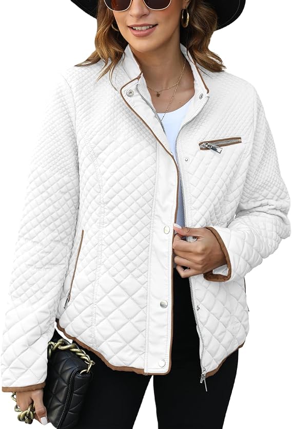 Women's Fall Winter Casual Quilted Lightweight Jacket, Warm Fitted Puffer Coat with Pockets, Plain Style for Commuting-TACTILEFABLE