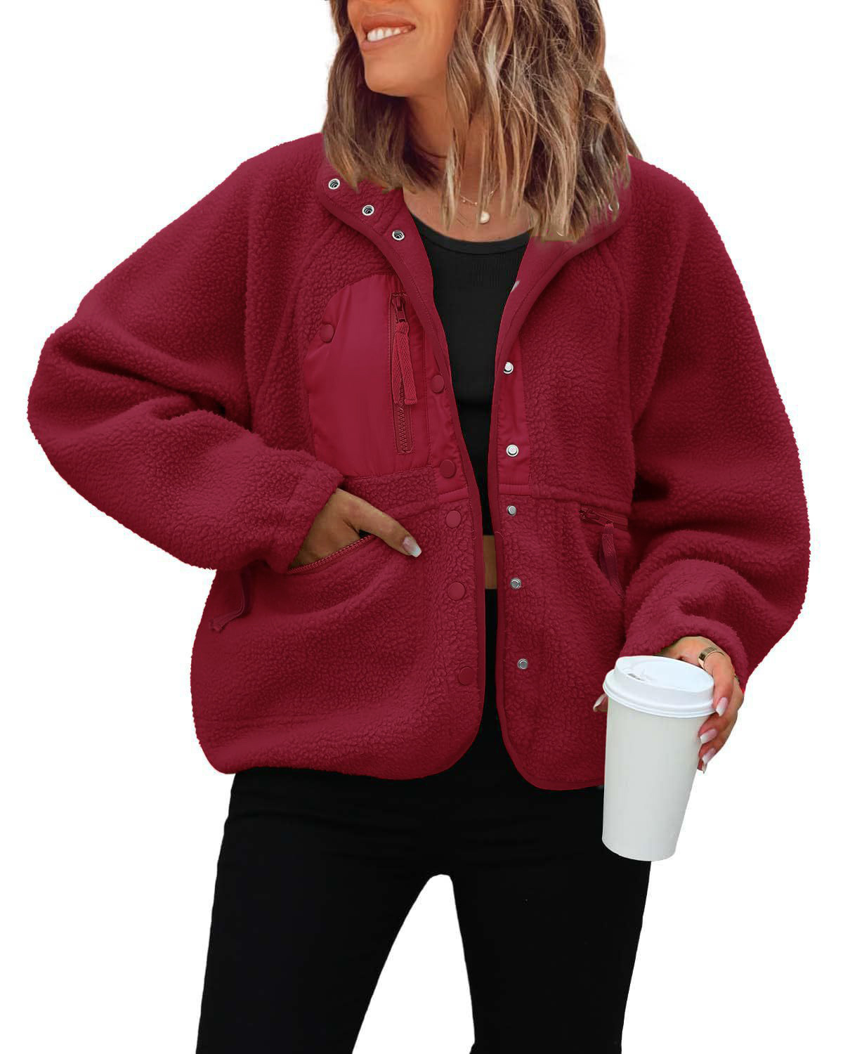 Women's Cropped Sherpa Lined Fleece Jacket Fall Warm Button Down Fuzzy Coats Shacket Outerwear with Pockets-Tactilefable