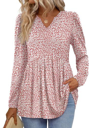 Womens Tops Long Sleeve Fall Shirts Babydoll Peplum Tops for Women V Neck Tunic Dressy Casual Blouses