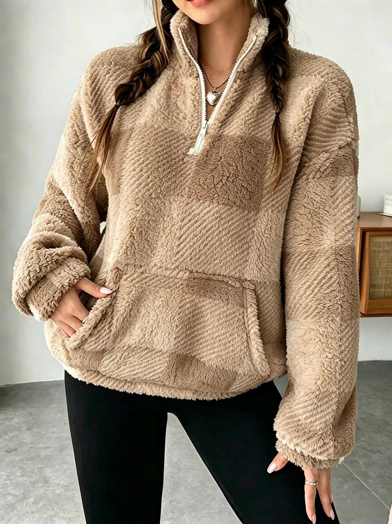 Women's Plaid Print Half Zip Drop Shoulder Fleece Sweatshirt, Casual Long Sleeve Stand Collar Pullover for Spring & Fall-TACTILEFABLE