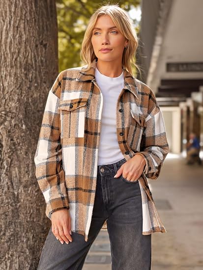 Women's Plaid Flannel Shirt Jacket, Loose Long Sleeve Button Down Casual Shacket With Chest Pocket-TACTILEFABLE