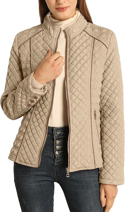 Women's Fall Winter Casual Quilted Lightweight Jacket, Warm Fitted Puffer Coat with Pockets, Plain Style for Commuting-TACTILEFABLE