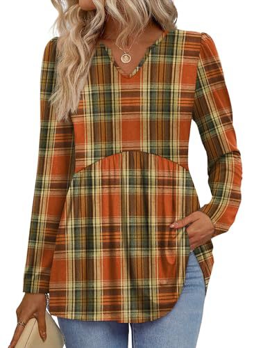 Womens Tops Long Sleeve Fall Shirts Babydoll Peplum Tops for Women V Neck Tunic Dressy Casual Blouses