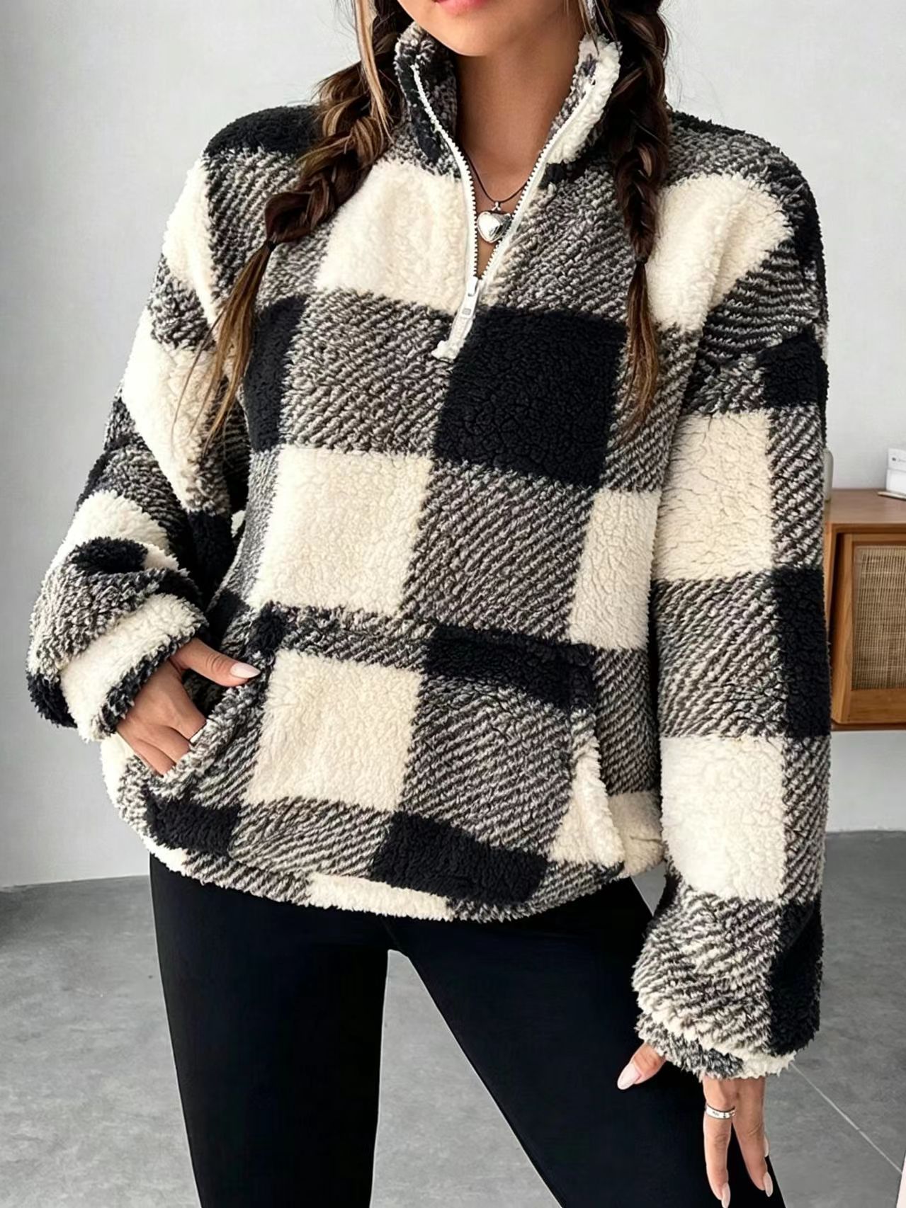 Women's Plaid Print Half Zip Drop Shoulder Fleece Sweatshirt, Casual Long Sleeve Stand Collar Pullover for Spring & Fall-TACTILEFABLE