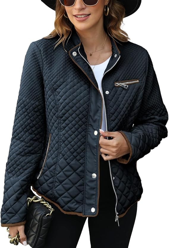 Women's Fall Winter Casual Quilted Lightweight Jacket, Warm Fitted Puffer Coat with Pockets, Plain Style for Commuting-TACTILEFABLE