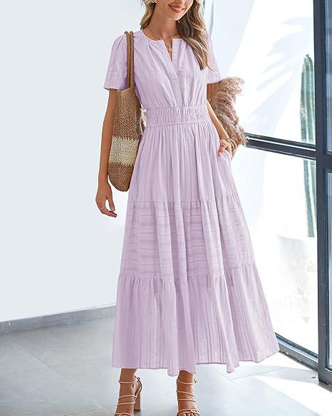 Women's Summer Casual Maxi Dress Lightweight Short Sleeve V Neck Boho Dress with Pockets-TACTILEFABLE