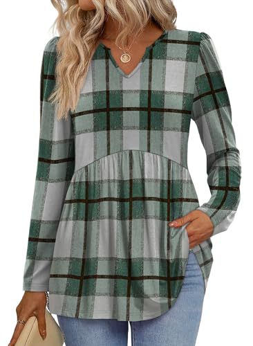 Womens Tops Long Sleeve Fall Shirts Babydoll Peplum Tops for Women V Neck Tunic Dressy Casual Blouses
