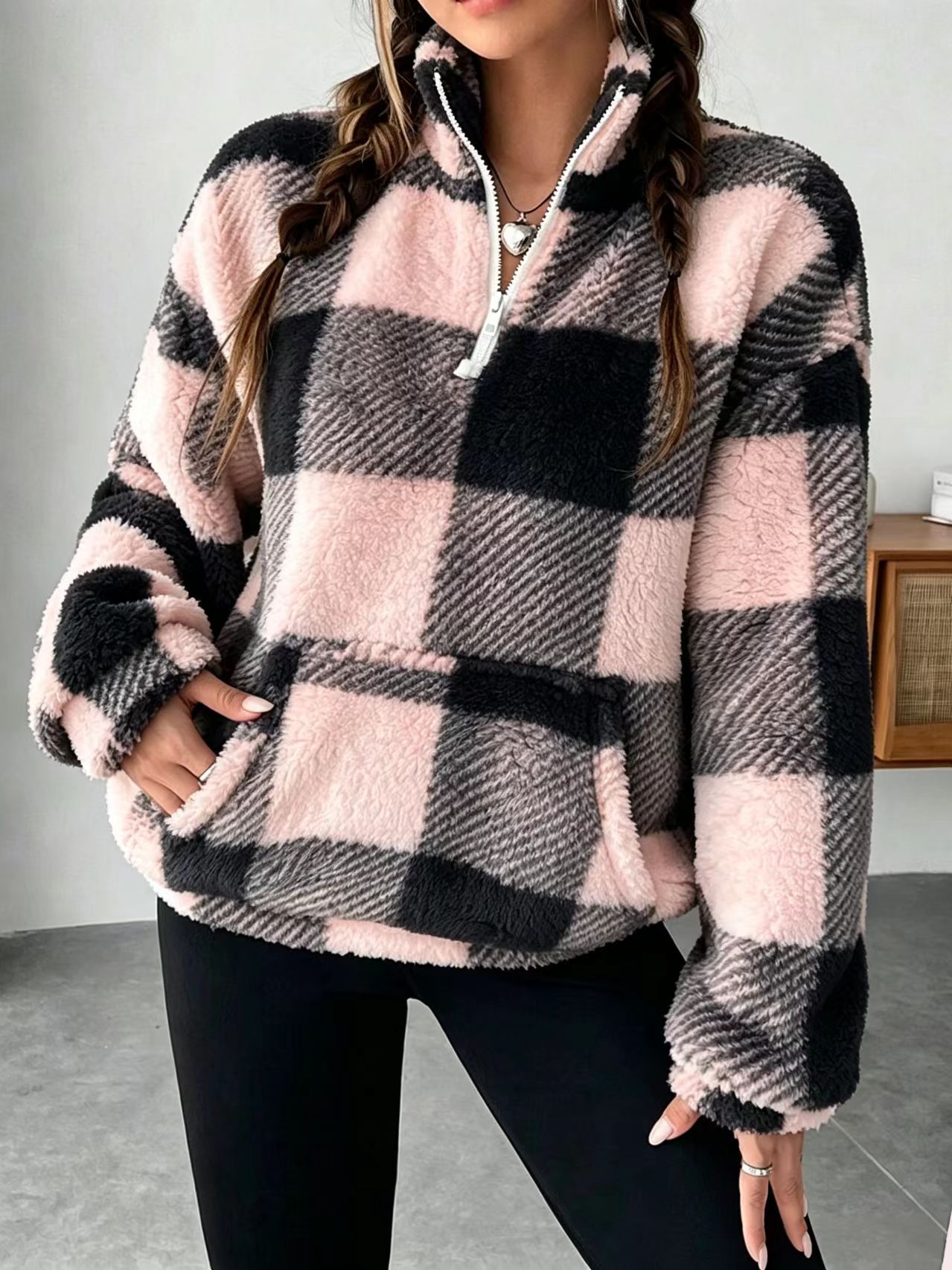 Women's Plaid Print Half Zip Drop Shoulder Fleece Sweatshirt, Casual Long Sleeve Stand Collar Pullover for Spring & Fall-TACTILEFABLE