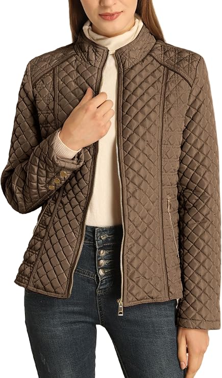 Women's Fall Winter Casual Quilted Lightweight Jacket, Warm Fitted Puffer Coat with Pockets, Plain Style for Commuting-TACTILEFABLE