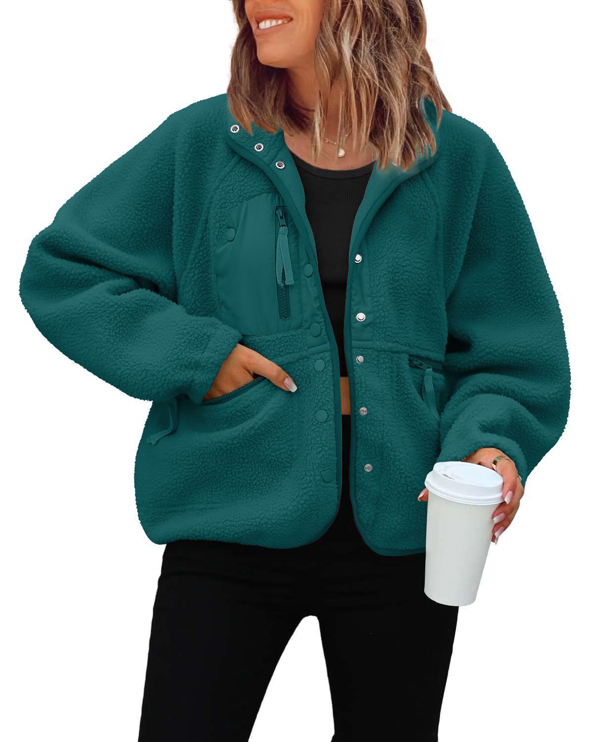 Women's Cropped Sherpa Lined Fleece Jacket Fall Warm Button Down Fuzzy Coats Shacket Outerwear with Pockets-Tactilefable