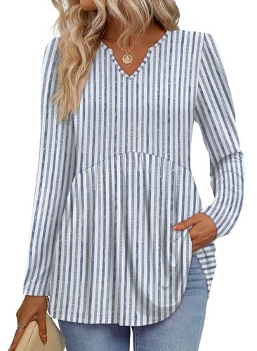 Womens Tops Long Sleeve Fall Shirts Babydoll Peplum Tops for Women V Neck Tunic Dressy Casual Blouses