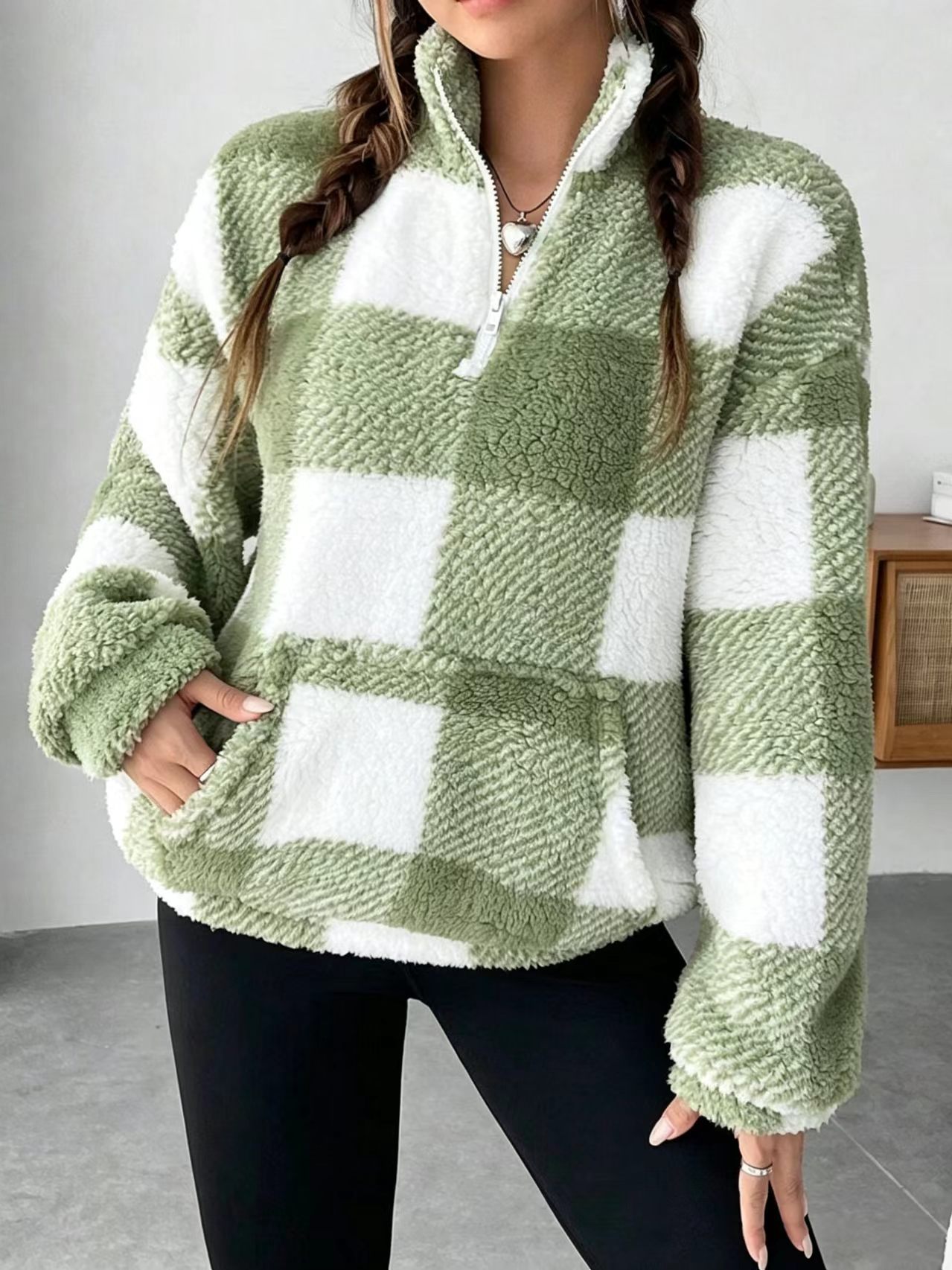 Women's Plaid Print Half Zip Drop Shoulder Fleece Sweatshirt, Casual Long Sleeve Stand Collar Pullover for Spring & Fall-TACTILEFABLE