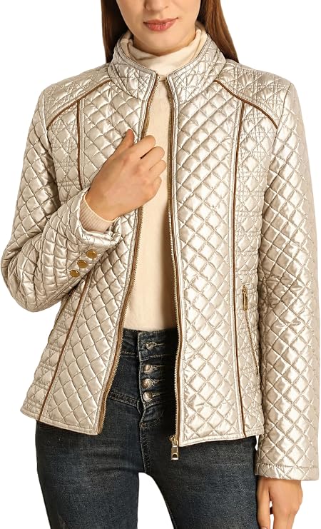 Women's Fall Winter Casual Quilted Lightweight Jacket, Warm Fitted Puffer Coat with Pockets, Plain Style for Commuting-TACTILEFABLE