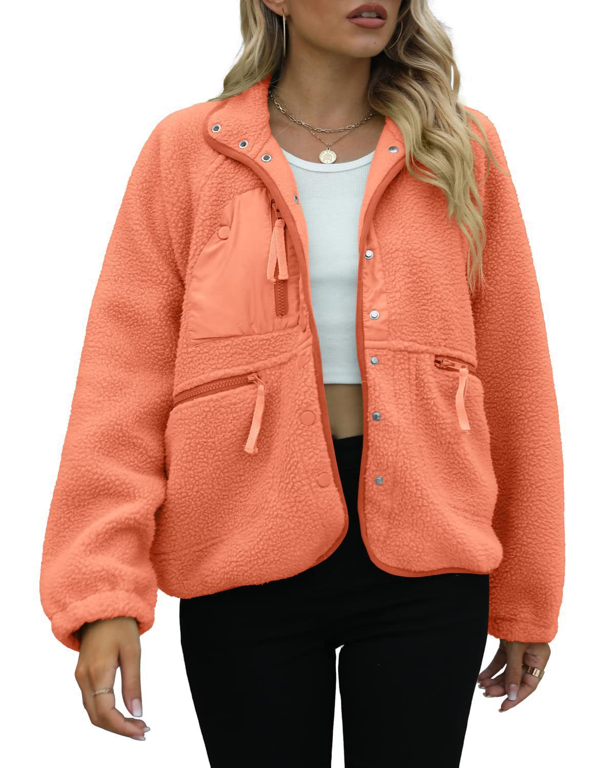 Women's Cropped Sherpa Lined Fleece Jacket Fall Warm Button Down Fuzzy Coats Shacket Outerwear with Pockets-Tactilefable