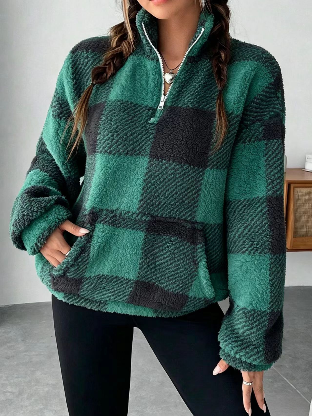 Women's Plaid Print Half Zip Drop Shoulder Fleece Sweatshirt, Casual Long Sleeve Stand Collar Pullover for Spring & Fall-TACTILEFABLE