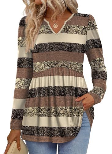 Womens Tops Long Sleeve Fall Shirts Babydoll Peplum Tops for Women V Neck Tunic Dressy Casual Blouses