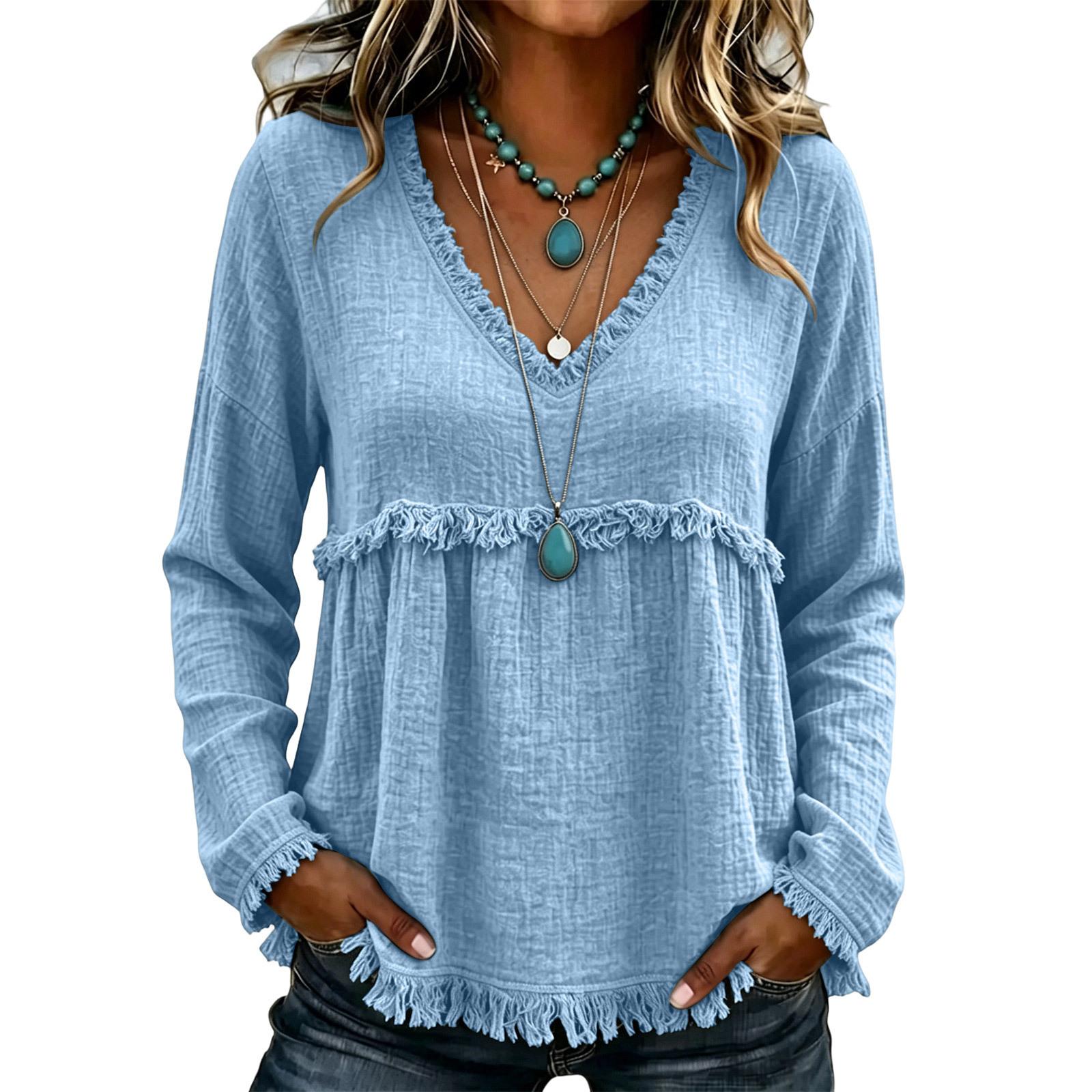 Women’s Boho V-Neck Long Sleeve Fringe Babydoll Blouse, Casual Loose Textured Tunic Shirt with Flowy Tassel Hem, Fall Tops, Plus Size Shirts, Boho Clothes.-TACTILEFABLE