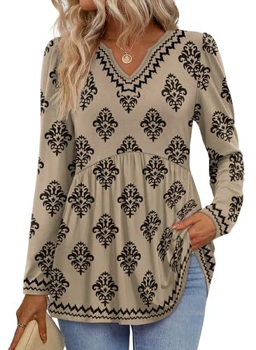 Womens Tops Long Sleeve Fall Shirts Babydoll Peplum Tops for Women V Neck Tunic Dressy Casual Blouses