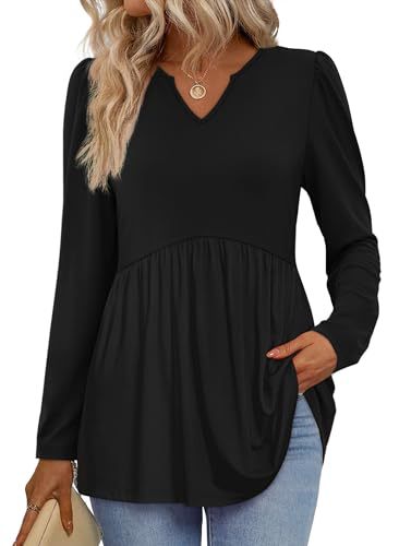 Womens Tops Long Sleeve Fall Shirts Babydoll Peplum Tops for Women V Neck Tunic Dressy Casual Blouses
