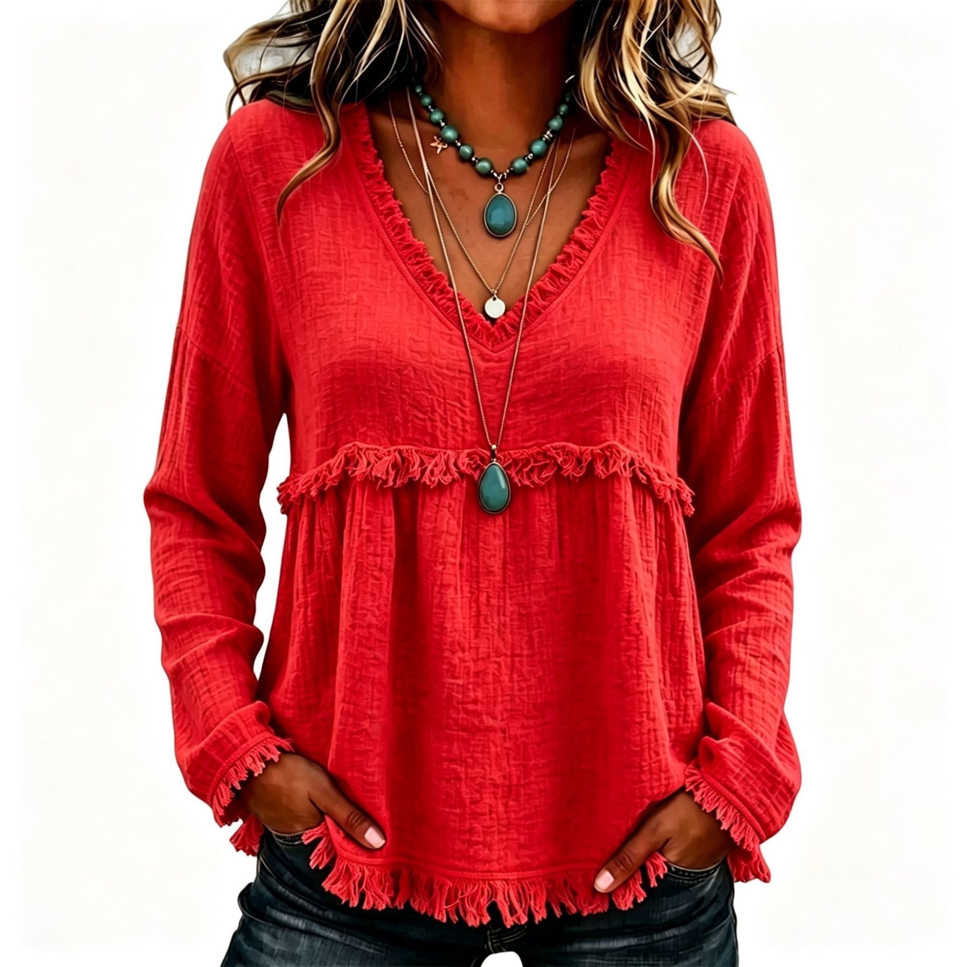 Women’s Boho V-Neck Long Sleeve Fringe Babydoll Blouse, Casual Loose Textured Tunic Shirt with Flowy Tassel Hem, Fall Tops, Plus Size Shirts, Boho Clothes.-TACTILEFABLE