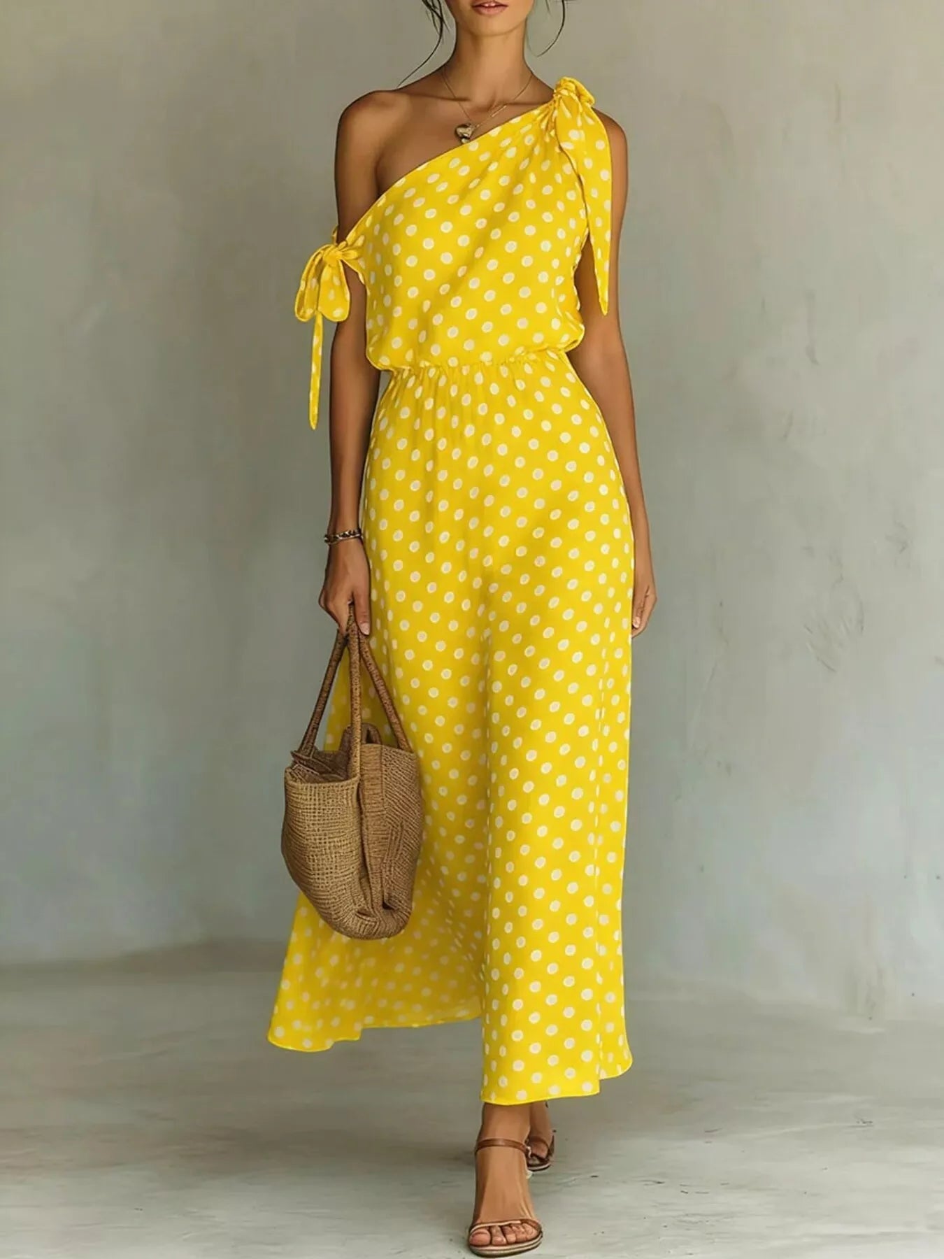 Dorothea One-Shoulder Polka Dot Midi Dress | 6 Colors-Tactilefable